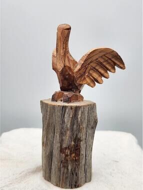 Hand Carved Wood Pelican Sculpture on Natural Log Base Folk Art Bird Statue F4